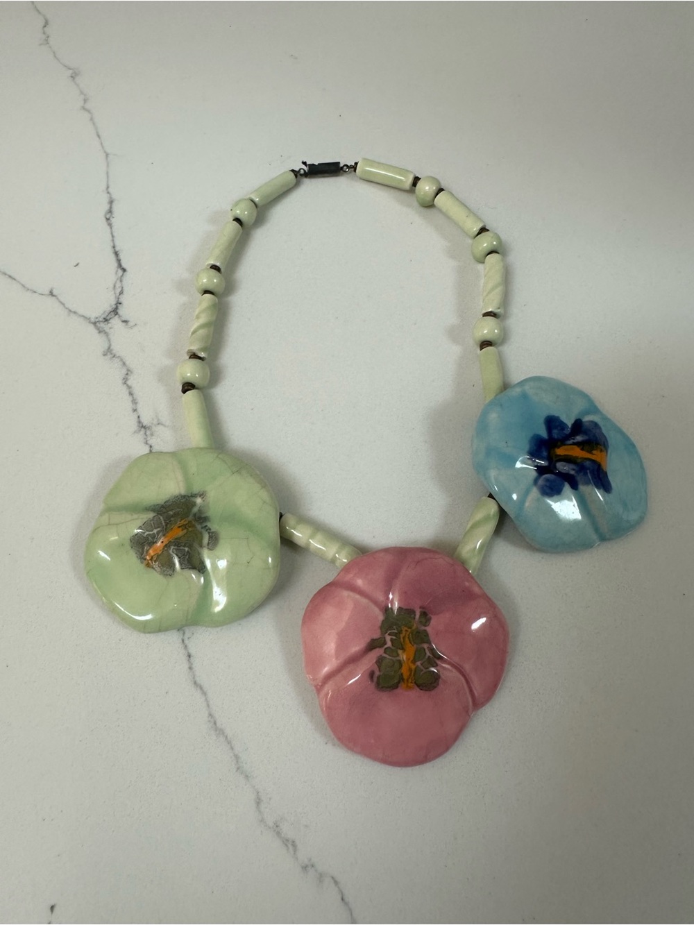 Vintage Ceramic Flower Statement Necklace in Pastel Pink, Blue & Green
